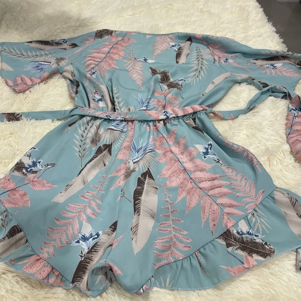 Blue Blush Tropical Print Wrap Dress